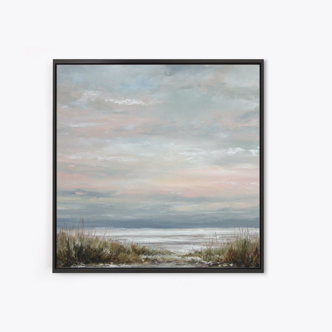 Tranquil Cloudscape with Blush Undertones Framed Canvas Print, Above Bed Art, Modern Decor, Bedroom Decor, Fine Art, Serenity, ABA-1x1-53