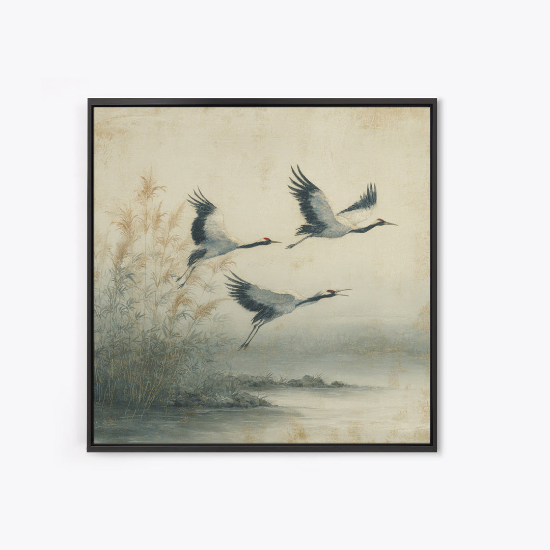 Ethereal Cranes Flying Through Pale Morning Mist Canvas Print, Above Bed Art, Fine Art Print, Bedroom Decor, Serenity, ABA-1x1-57