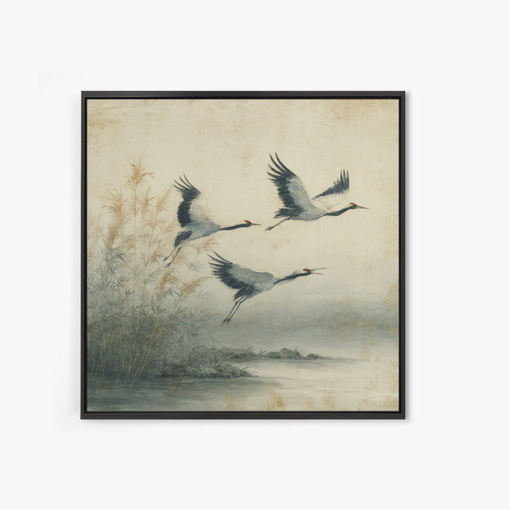 Ethereal Cranes Flying Through Pale Morning Mist Canvas Print, Above Bed Art, Fine Art Print, Bedroom Decor, Serenity, ABA-1x1-57
