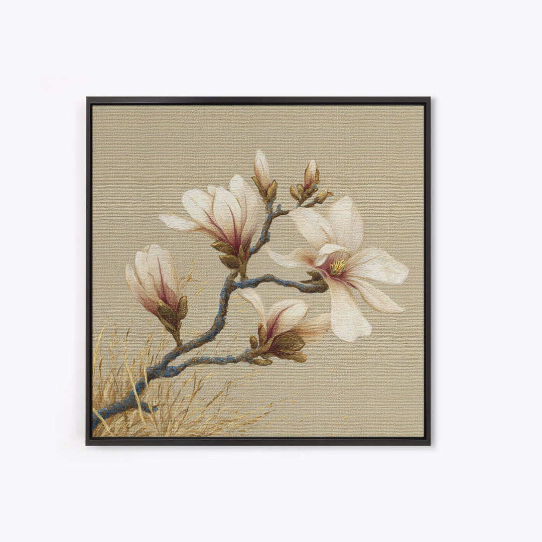 Delicate Magnolia Branch on Cream Background Framed Canvas Print, Above Bed Art, Boho Wall Art, Bedroom Decor, Watercolor Art, ABA-1x1-64