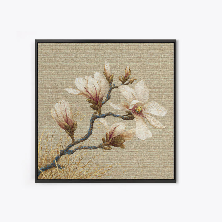 Delicate Magnolia Branch on Cream Background Framed Canvas Print, Above Bed Art, Boho Wall Art, Bedroom Decor, Watercolor Art, ABA-1x1-64