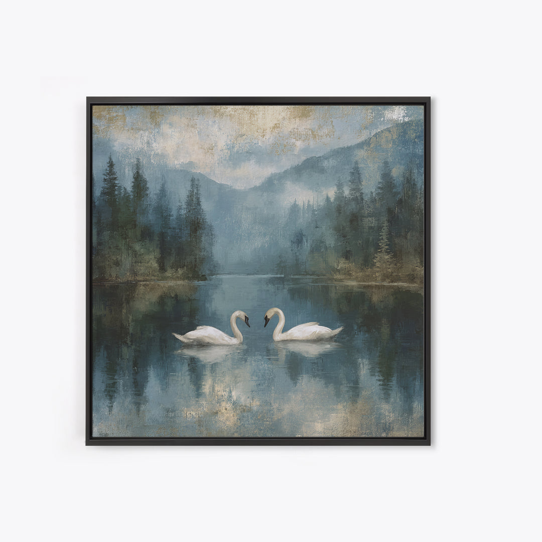 Paired Swans in a Dreamy Painterly Lake Framed Canvas Print, Above Bed Art, Boho Decor, Bedroom Decor, Oil Painting, Serenity, ABA-1x1-70