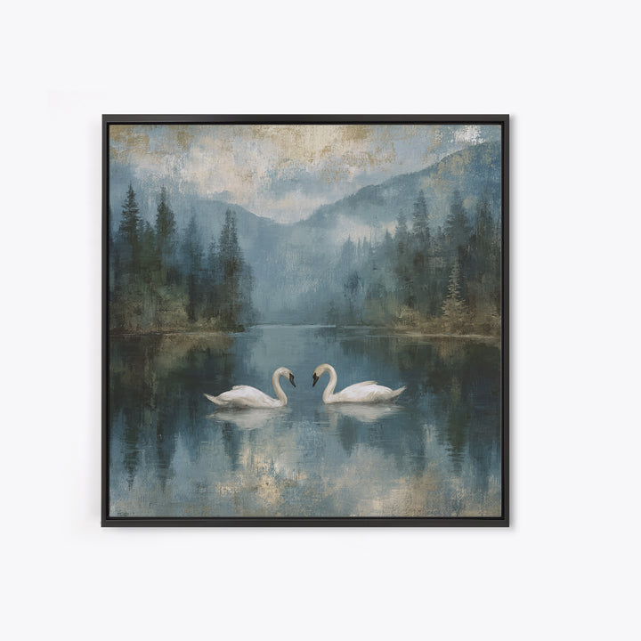 Paired Swans in a Dreamy Painterly Lake Framed Canvas Print, Above Bed Art, Boho Decor, Bedroom Decor, Oil Painting, Serenity, ABA-1x1-70