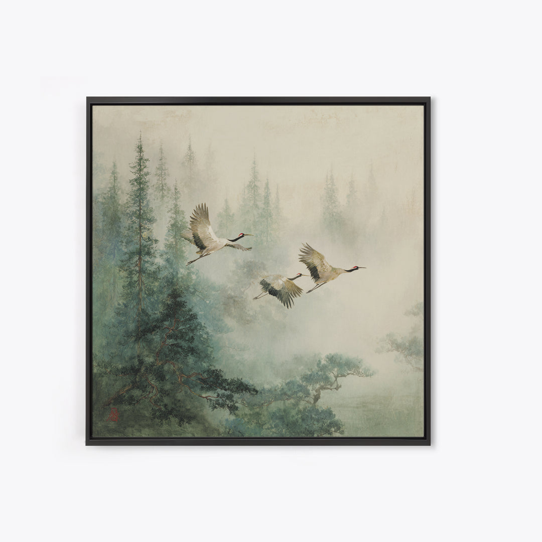 Ethereal Cranes Flying Through Pale Morning Mist Canvas Print, Above Bed Art, Textured Painting, Bedroom Decor, Serenity, ABA-1x1-81