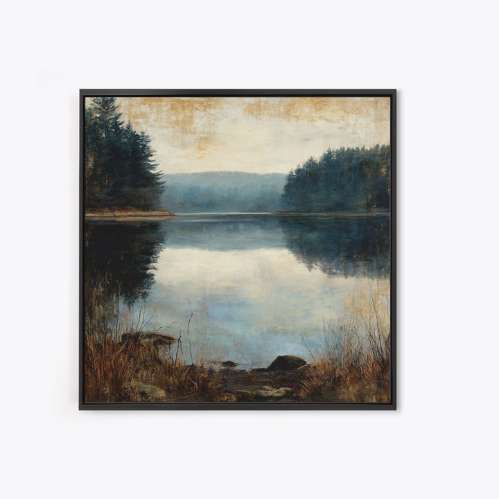 Calming Lake Reflection Framed Canvas Print, Above Bed Art, Fine Art Print, Bedroom Decor, Oil Painting, Serenity, Digital Art, ABA-1x1-83