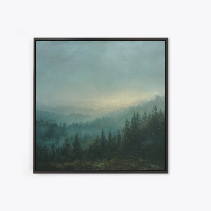 Quiet Forest Ridge Softened by Fog Canvas Print, Above Bed Art, Neutral Decor, Bedroom Decor, Oil Painting, Serenity, ABA-1x1-86
