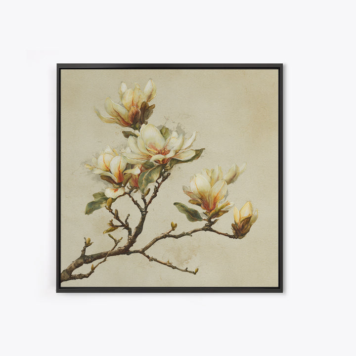 Delicate Magnolia Branch on Cream Background Canvas Print, Above Bed Art, Textured Painting, Bedroom Decor, Serenity, ABA-1x1-88