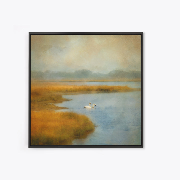 Paired Swans in a Dreamy Painterly Lake Canvas Print, Above Bed Art, Bedroom Wall Decor, Bedroom Decor, Fine Art, Serenity, ABA-1x1-94