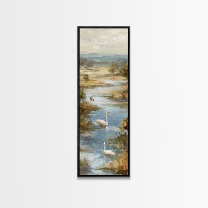 Paired Swans in a Dreamy Painterly Lake Canvas Print, Above Bed Art, Dopamine Decor, Bedroom Decor, Fine Art, Serenity, ABA-1x3-10
