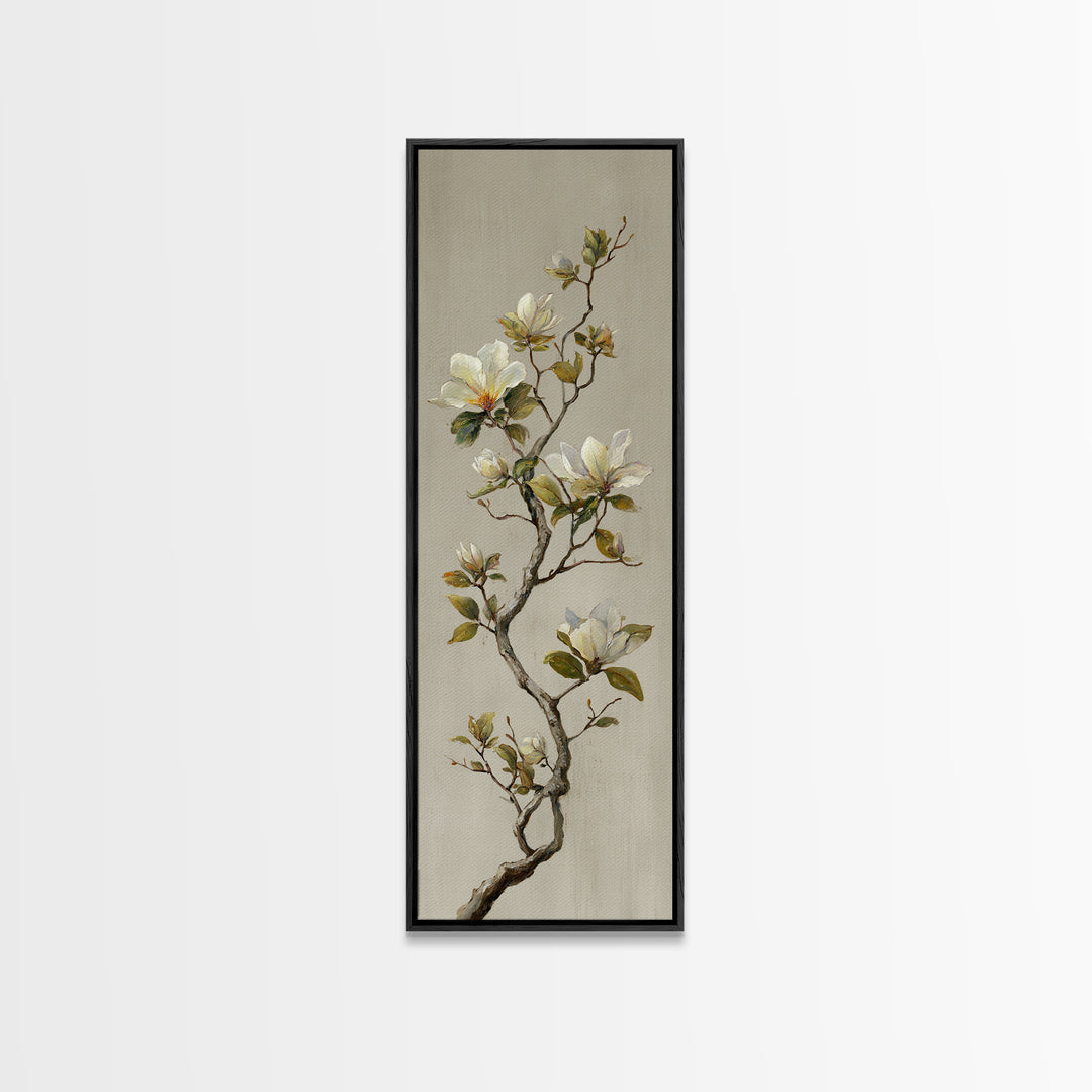 Delicate Magnolia Branch on Cream Background Canvas Print, Above Bed Art, Horizontal Wall Art, Bedroom Decor, Oil Painting, ABA-1x3-100