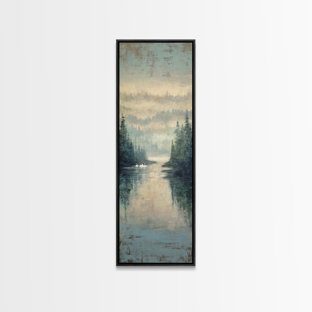 Paired Swans in a Dreamy Painterly Lake Canvas Print, Above Bed Art, Living Room Wall Art, Bedroom Decor, Serenity, Wall Decor, ABA-1x3-34