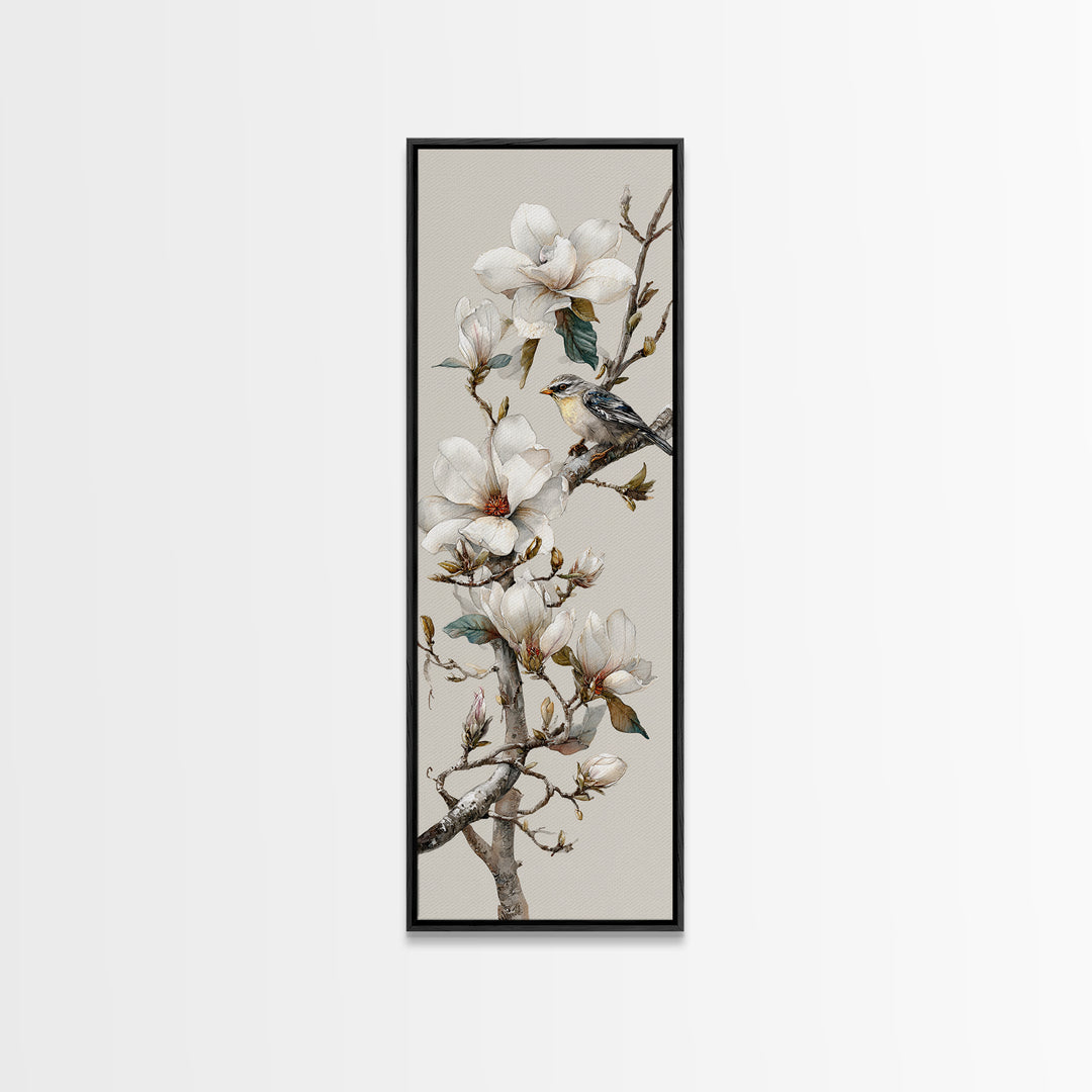 Delicate Magnolia Branch on Cream Background Framed Canvas Print, Above Bed Art, Modern Decor, Bedroom Decor, Oil Painting, ABA-1x3-4