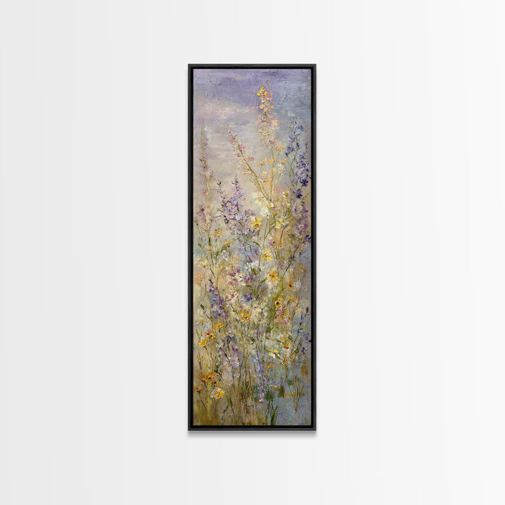 Wide Meadow of Muted Wildflowers at Dusk Framed Canvas Print, Above Bed Art, 3 Piece Wall Art, Bedroom Decor, Watercolor Art, ABA-1x3-46