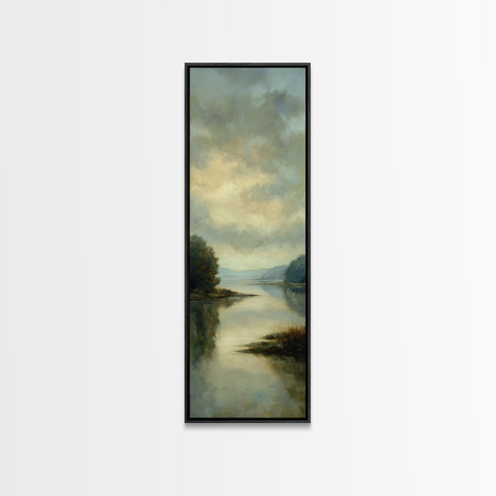Calming Lake Reflection Framed Canvas Print, Above Bed Art, Original Art, Bedroom Decor, Serenity, Sage Green Wall Art, ABA-1x3-47