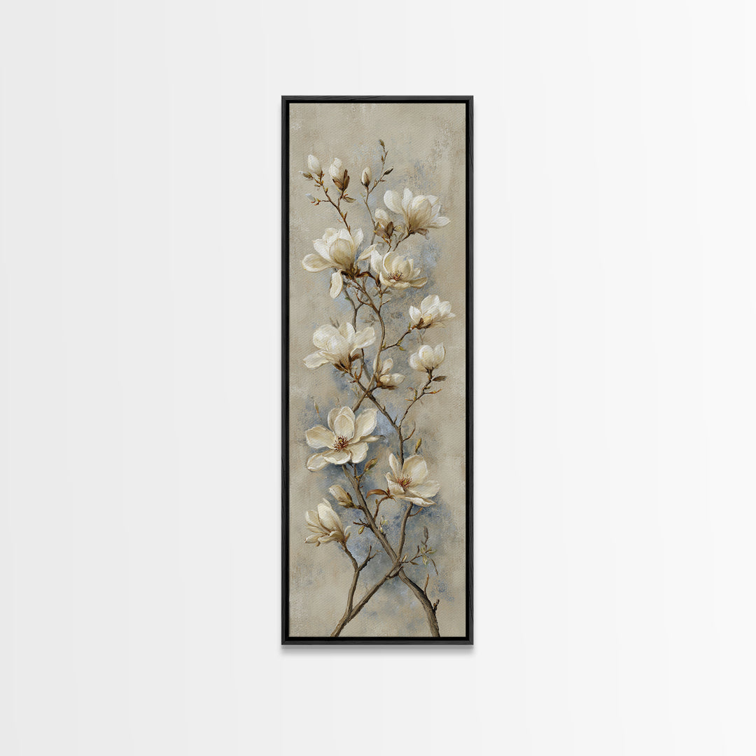 Delicate Magnolia Branch on Cream Background Framed Canvas Print, Above Bed Art, Bedroom Decor, Watercolor Art, Serenity, ABA-1x3-52