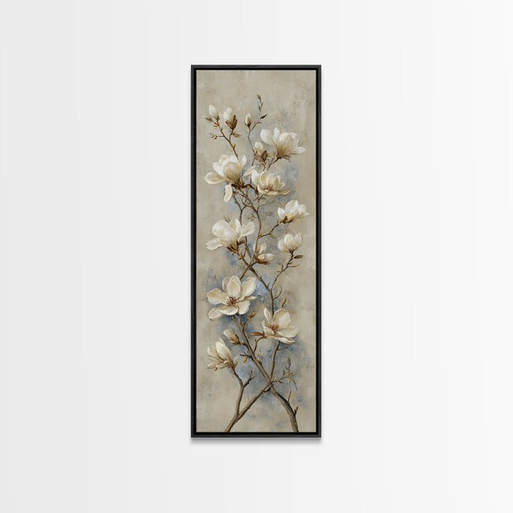 Delicate Magnolia Branch on Cream Background Framed Canvas Print, Above Bed Art, Bedroom Decor, Watercolor Art, Serenity, ABA-1x3-52