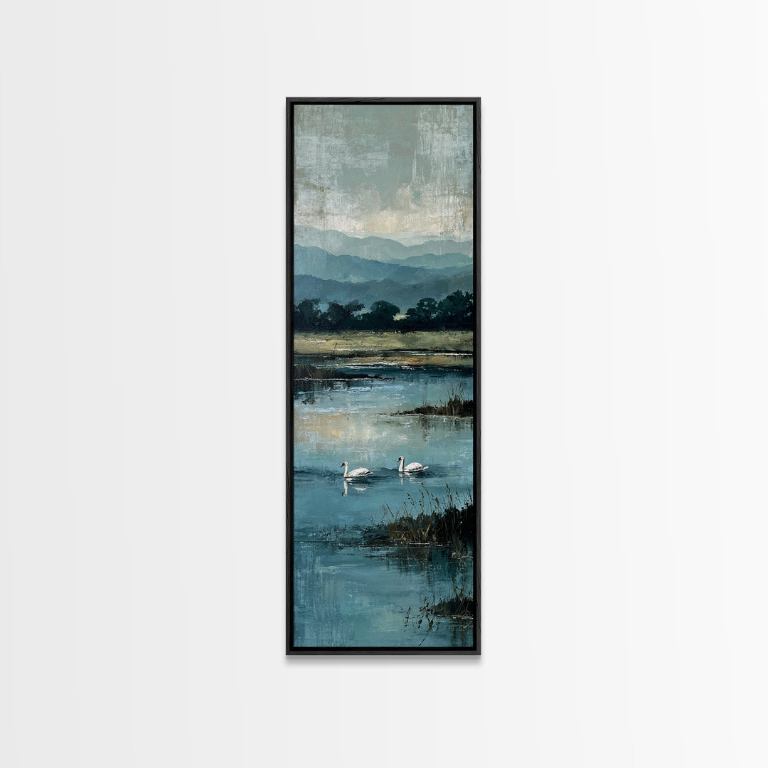 Paired Swans in a Dreamy Painterly Lake Canvas Print, Above Bed Art, Living Room Wall Art, Bedroom Decor, Serenity, Wall Decor, ABA-1x3-58