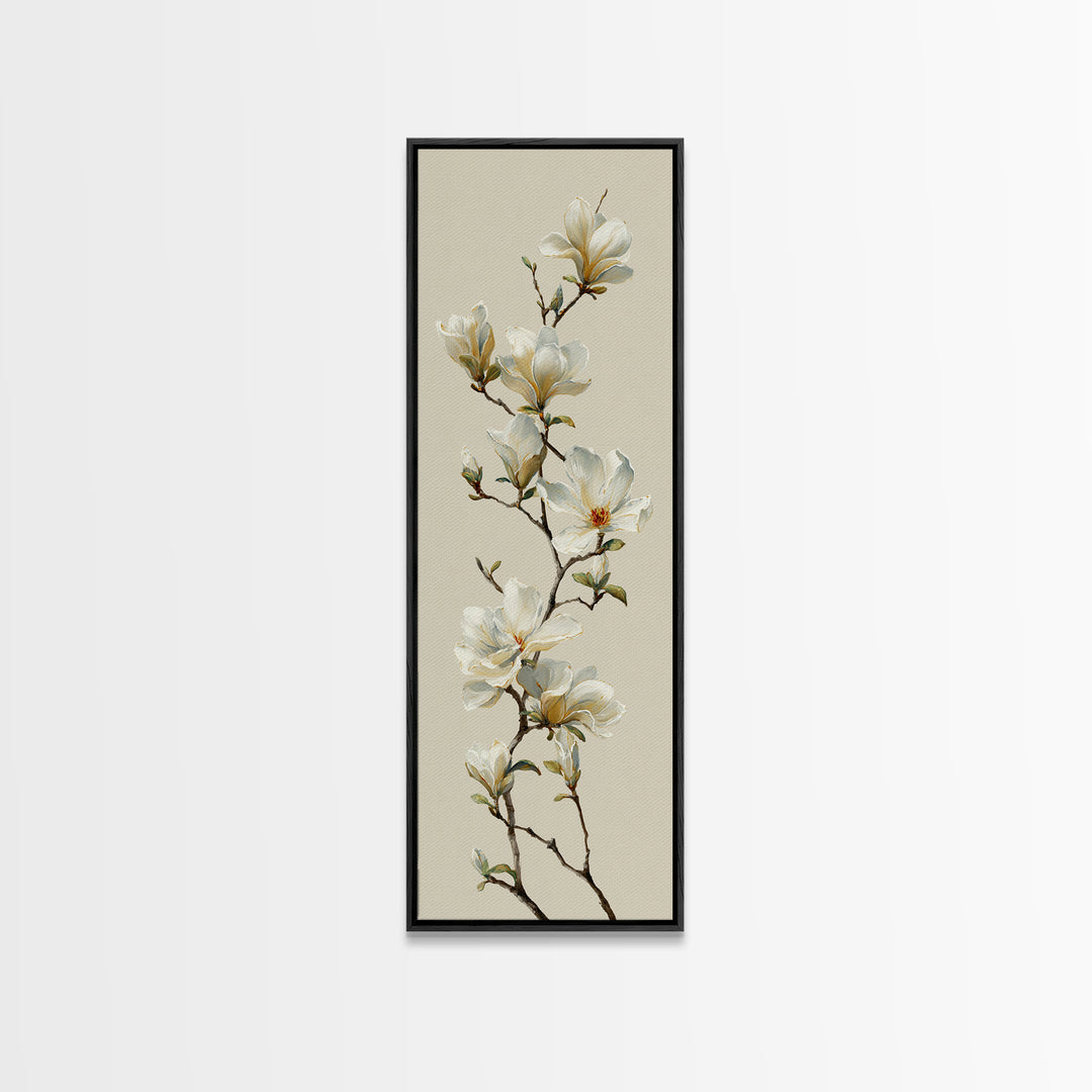 Delicate Magnolia Branch on Cream Background Framed Canvas Print, Above Bed Art, Digital Print, Bedroom Decor, Serenity, ABA-1x3-76