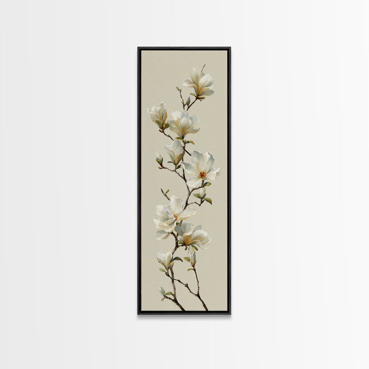 Delicate Magnolia Branch on Cream Background Framed Canvas Print, Above Bed Art, Digital Print, Bedroom Decor, Serenity, ABA-1x3-76