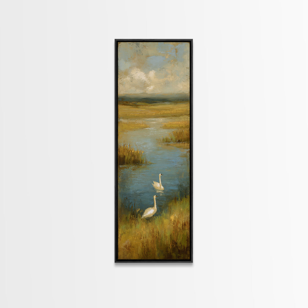 Paired Swans in a Dreamy Painterly Lake Canvas Print, Above Bed Art, Home Decor, Bedroom Decor, Fine Art, Serenity, ABA-1x3-82