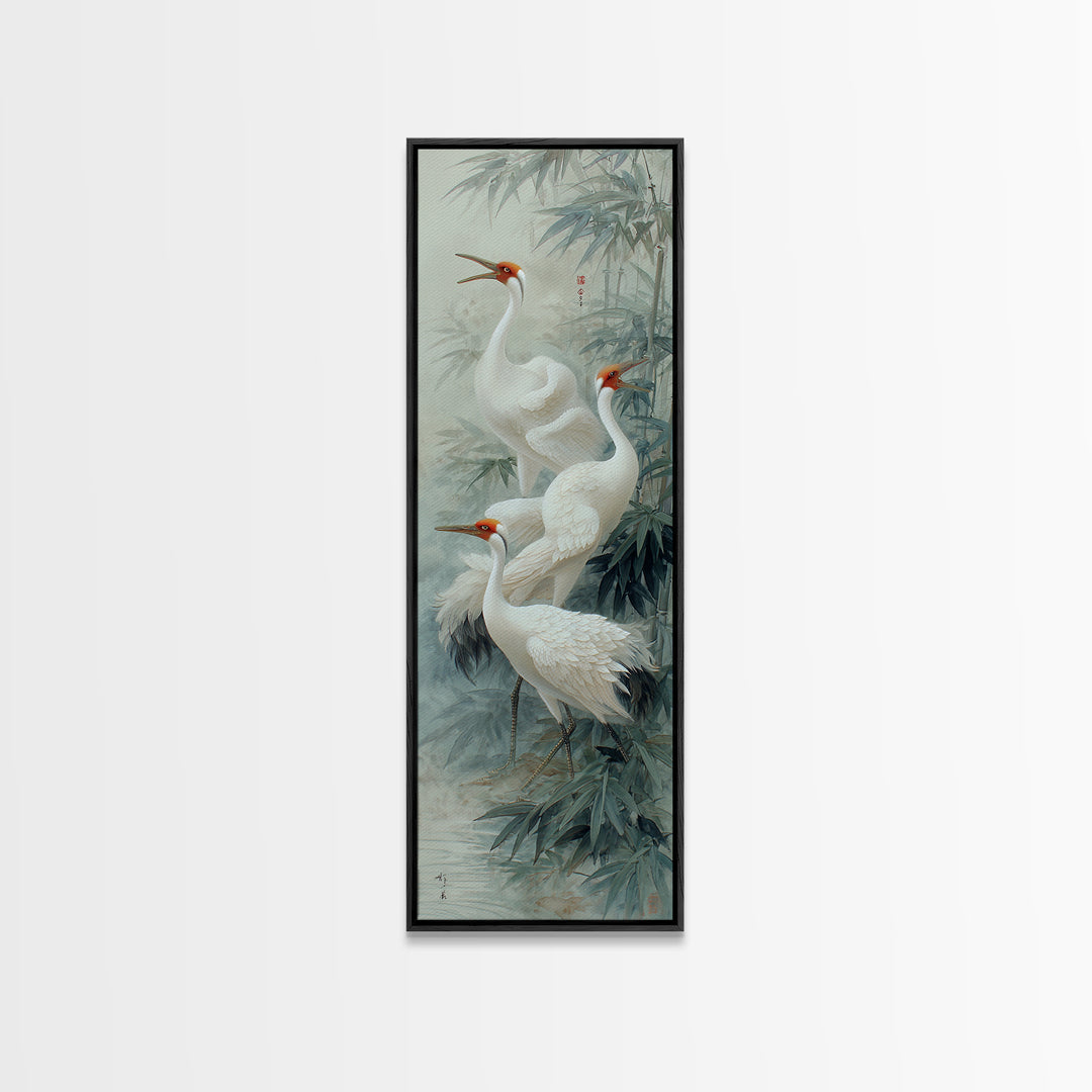 Ethereal Cranes Flying Through Pale Morning Mist Canvas Print, Above Bed Art, Minimalist Decor, Bedroom Decor, Serenity, ABA-1x3-93