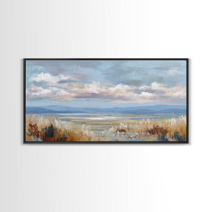 Tranquil Cloudscape with Blush Undertones Framed Canvas Print, Above Bed Art, Wall Decor, Bedroom Decor, Fine Art, Serenity, ABA-2x1-1