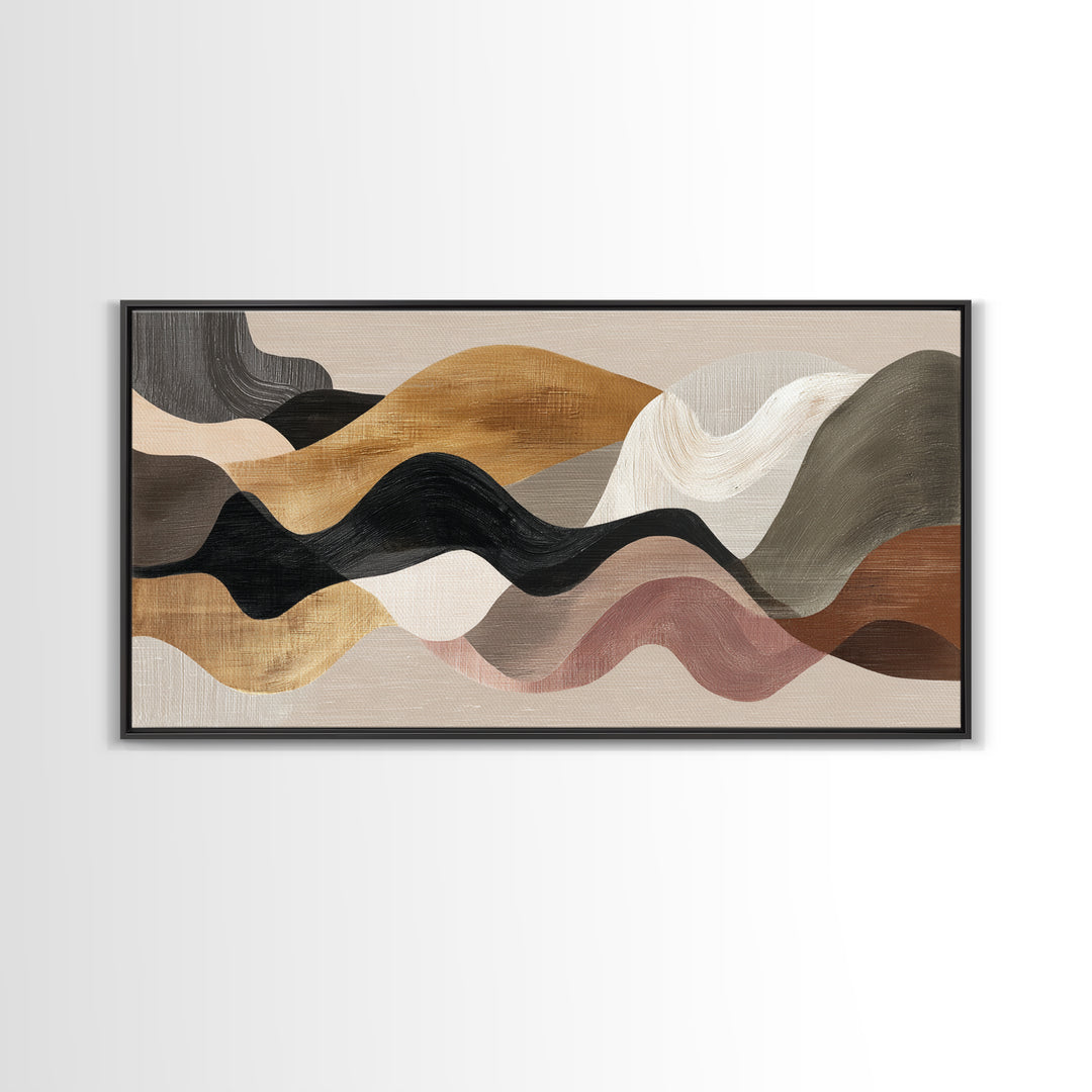 Warm Taupe Abstract Waves Framed Canvas Print, Above Bed Art, Horizontal Wall Art, Bedroom Decor, Abstract Art, Serenity, ABA-2x1-11