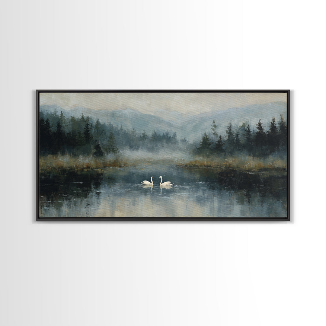 Paired Swans in a Dreamy Painterly Lake Framed Canvas Print, Above Bed Art, Fine Art Print, Bedroom Decor, Fine Art, Serenity, ABA-2x1-18