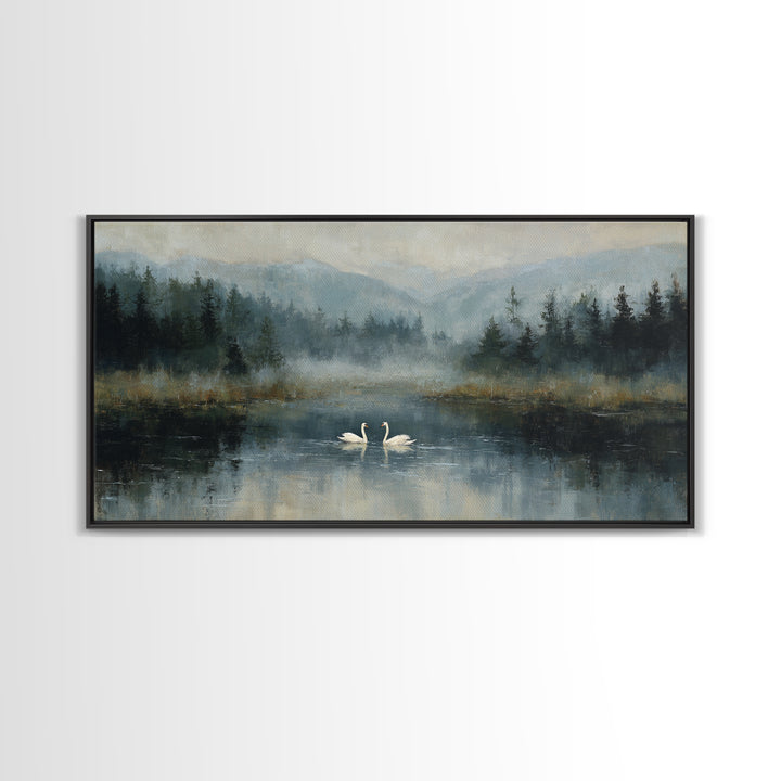 Paired Swans in a Dreamy Painterly Lake Framed Canvas Print, Above Bed Art, Fine Art Print, Bedroom Decor, Fine Art, Serenity, ABA-2x1-18