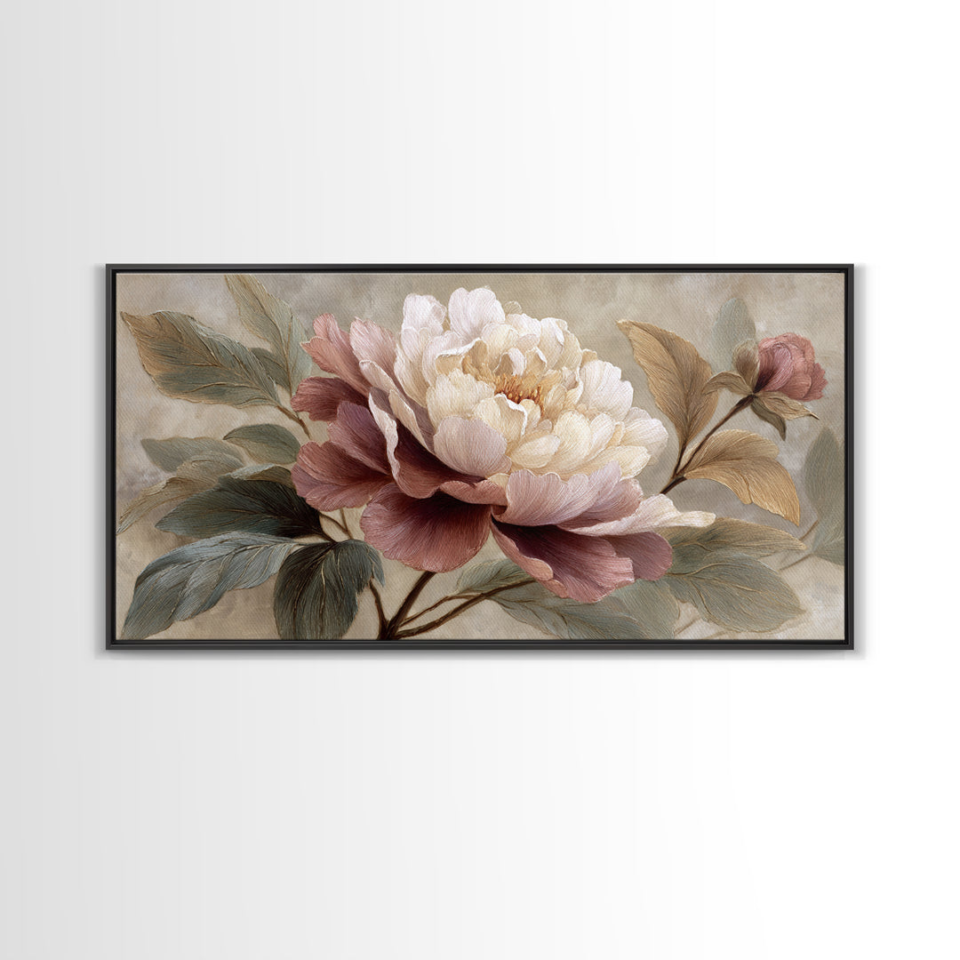 Romantic Oversized Peony Bloom on Warm Linen Canvas Print, Above Bed Art, Statement Artwork, Bedroom Decor, Abstract Art, ABA-2x1-22