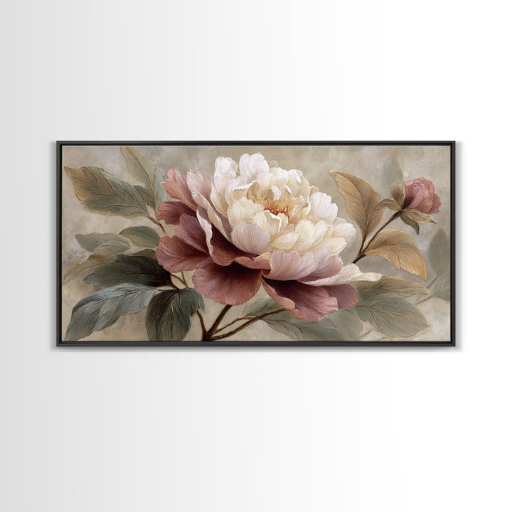 Romantic Oversized Peony Bloom on Warm Linen Canvas Print, Above Bed Art, Statement Artwork, Bedroom Decor, Abstract Art, ABA-2x1-22
