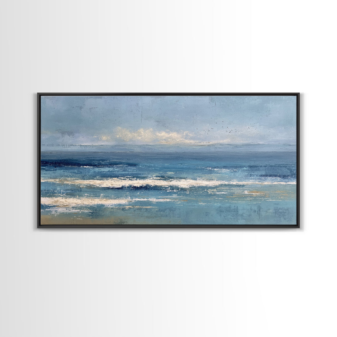 Quiet Moon over a Calm Ocean Horizon Framed Canvas Print, Above Bed Art, Mid Century Modern, Bedroom Decor, Fine Art, Serenity, ABA-2x1-23