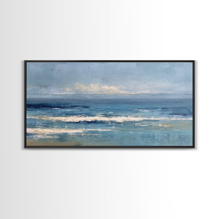 Quiet Moon over a Calm Ocean Horizon Framed Canvas Print, Above Bed Art, Mid Century Modern, Bedroom Decor, Fine Art, Serenity, ABA-2x1-23