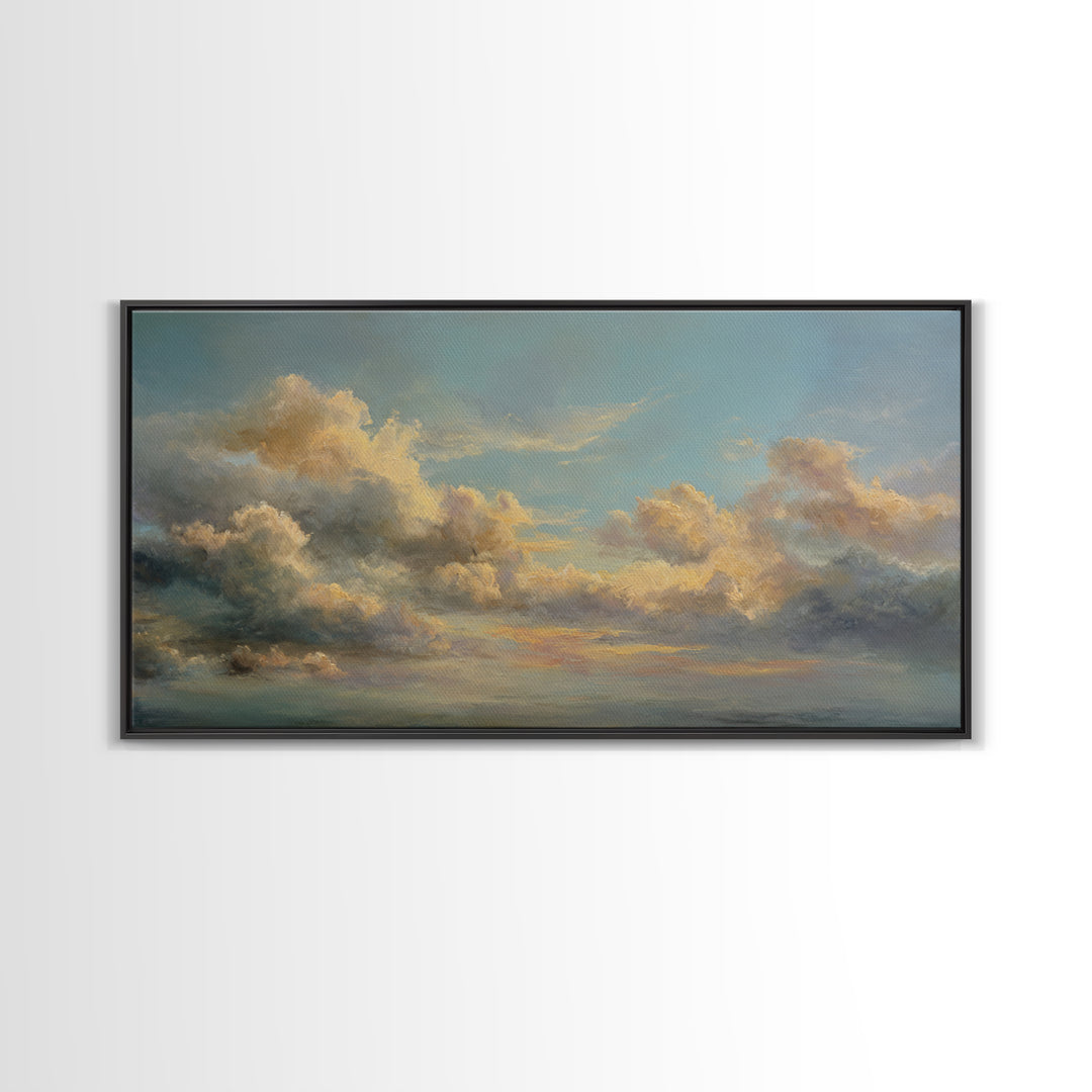 Tranquil Cloudscape with Blush Undertones Framed Canvas Print, Above Bed Art, Wall Decor, Bedroom Decor, Fine Art, Serenity, ABA-2x1-25