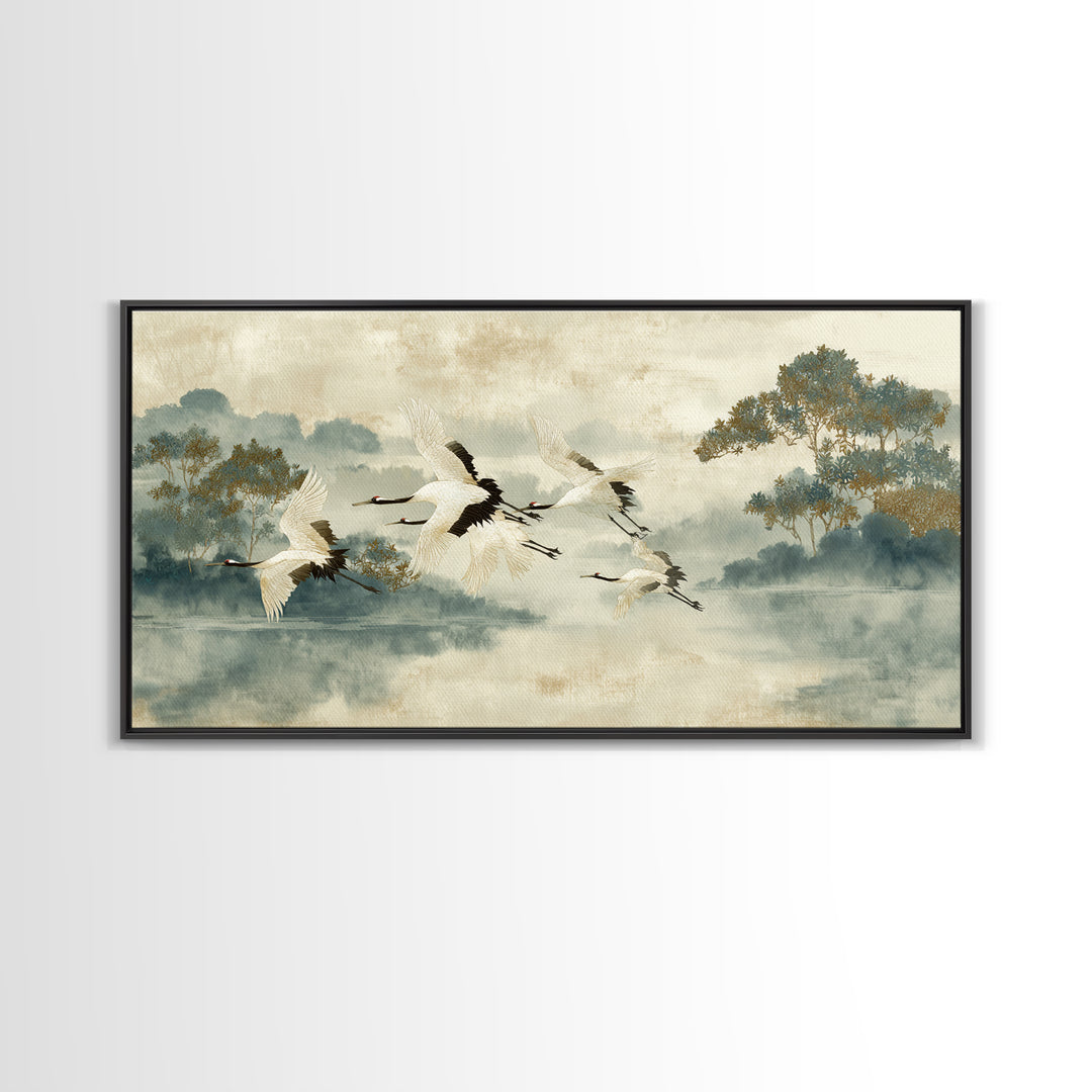 Ethereal Cranes Flying Through Pale Morning Mist Canvas Print, Above Bed Art, Digital Prints, Bedroom Decor, Serenity, ABA-2x1-29