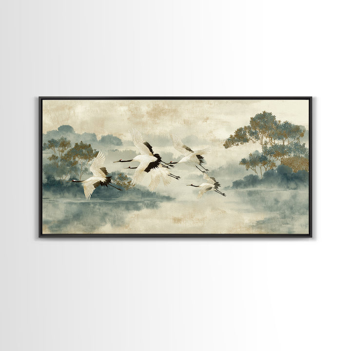 Ethereal Cranes Flying Through Pale Morning Mist Canvas Print, Above Bed Art, Digital Prints, Bedroom Decor, Serenity, ABA-2x1-29