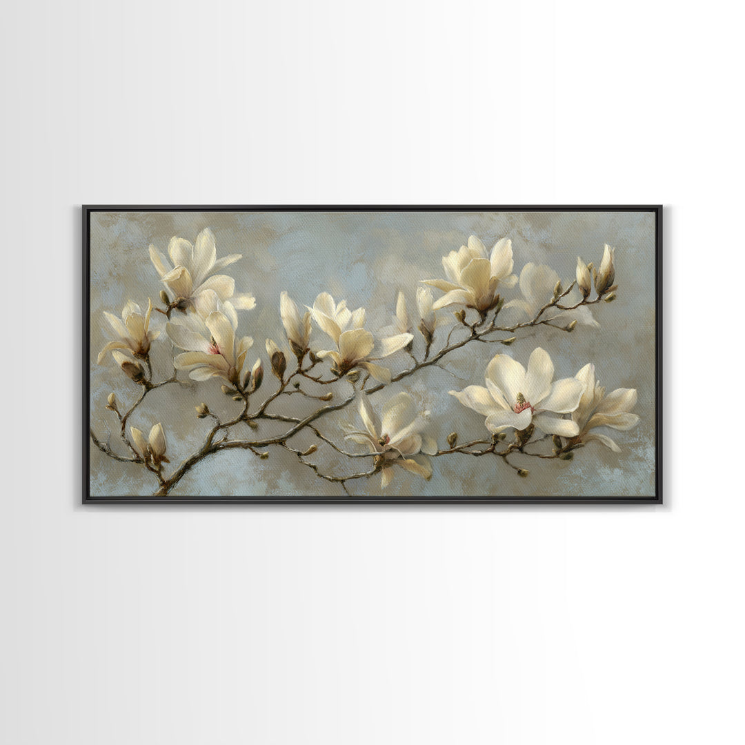 Delicate Magnolia Branch on Cream Background Canvas Print, Above Bed Art, Wall Art, Bedroom Decor, Fine Art, Serenity, ABA-2x1-36