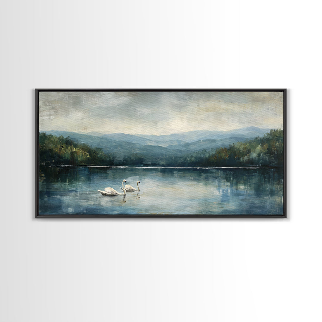 Paired Swans in a Dreamy Painterly Lake Framed Canvas Print, Above Bed Art, Fine Art Print, Bedroom Decor, Fine Art, Serenity, ABA-2x1-42