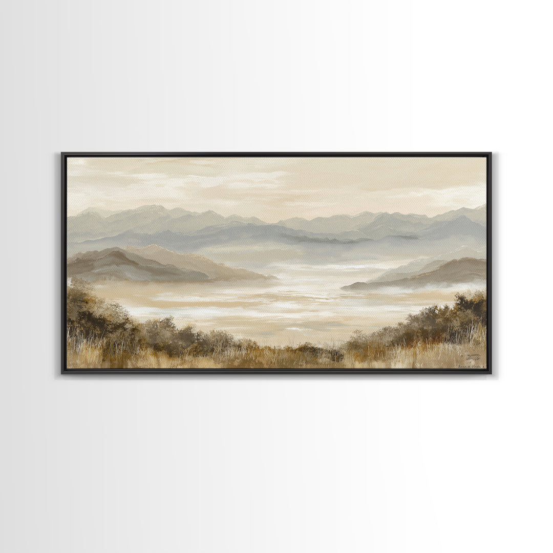 Panoramic Misty Mountain Landscape Framed Canvas Print, Above Bed Art, Mid Century Modern, Bedroom Decor, Oil Painting, ABA-2x1-45
