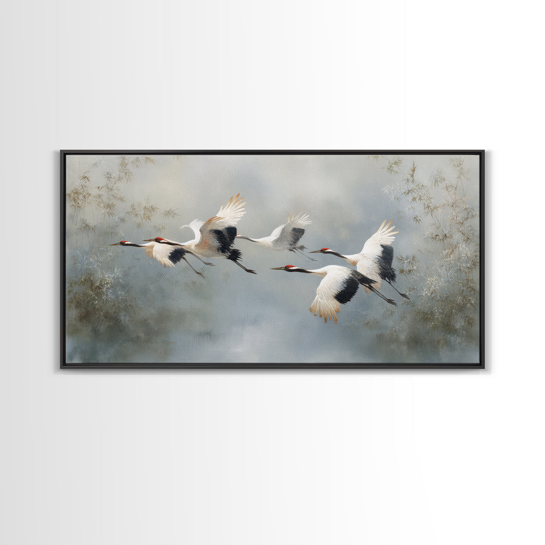 Ethereal Cranes Flying Through Pale Morning Mist Canvas Print, Above Bed Art, Digital Prints, Bedroom Decor, Serenity, ABA-2x1-5
