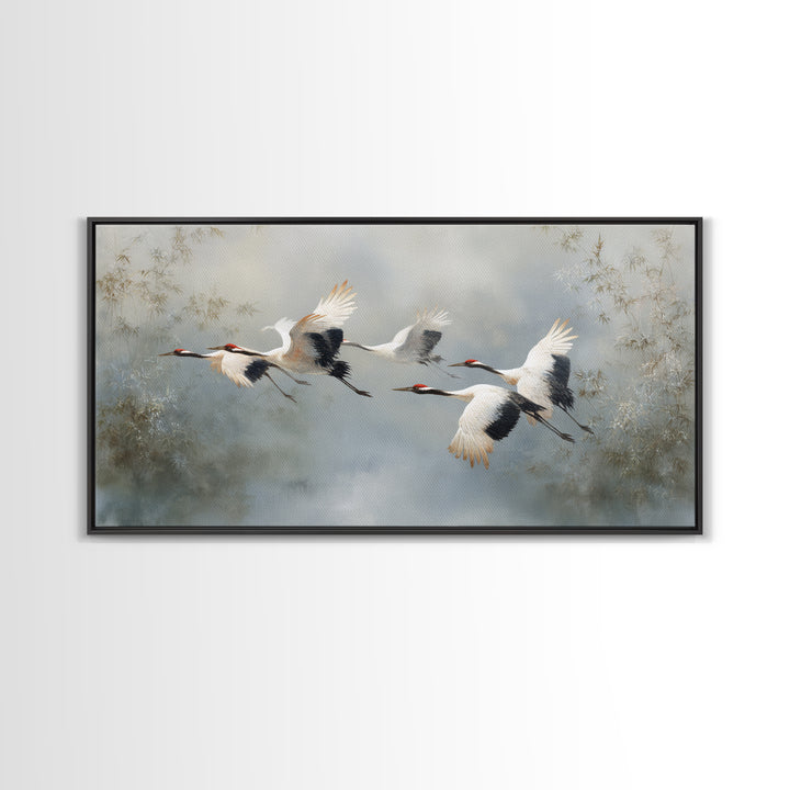 Ethereal Cranes Flying Through Pale Morning Mist Canvas Print, Above Bed Art, Digital Prints, Bedroom Decor, Serenity, ABA-2x1-5