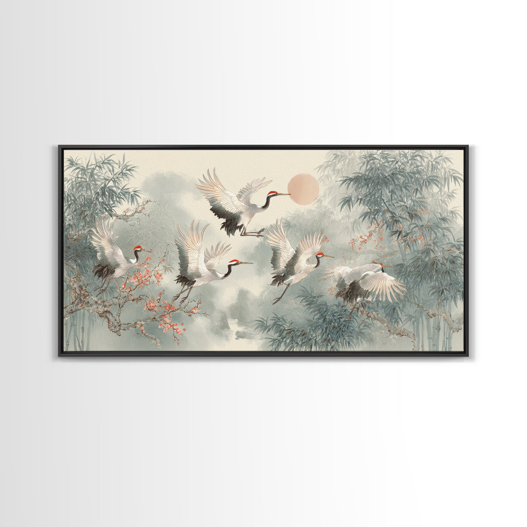 Ethereal Cranes Flying Through Pale Morning Mist Canvas Print, Above Bed Art, Bedroom Decor, Oil Painting, Serenity, ABA-2x1-53