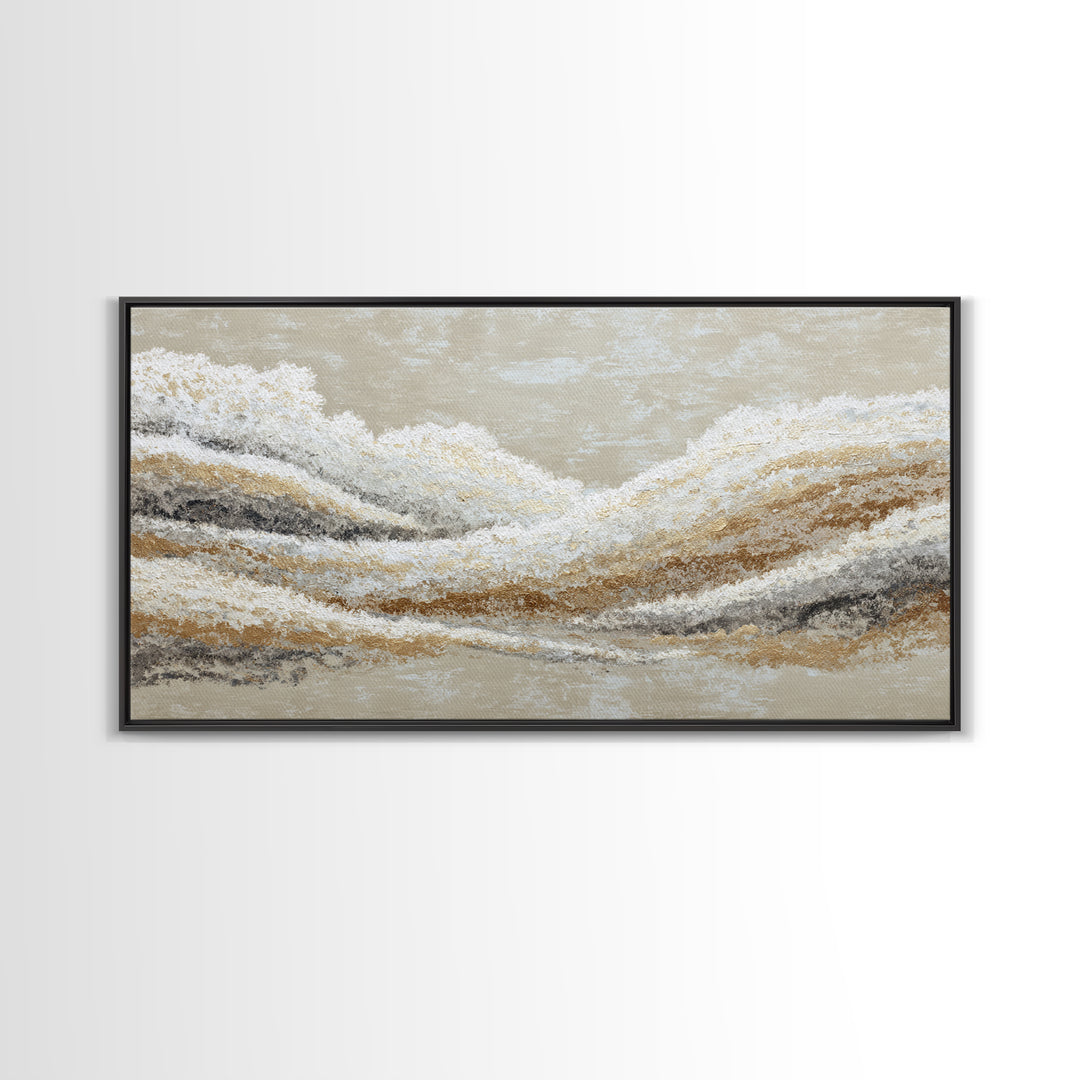 Warm Taupe Abstract Waves Framed Canvas Print, Above Bed Art, Japanese Wall Art, Bedroom Decor, Abstract Art, Serenity, ABA-2x1-59