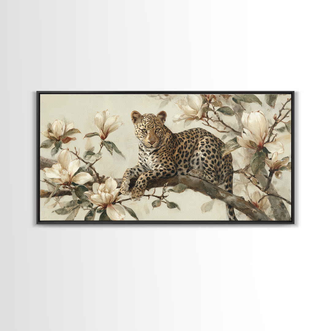 Delicate Magnolia Branch on Cream Background Framed Canvas Print, Above Bed Art, Mid Century Modern, Bedroom Decor, Serenity, ABA-2x1-60