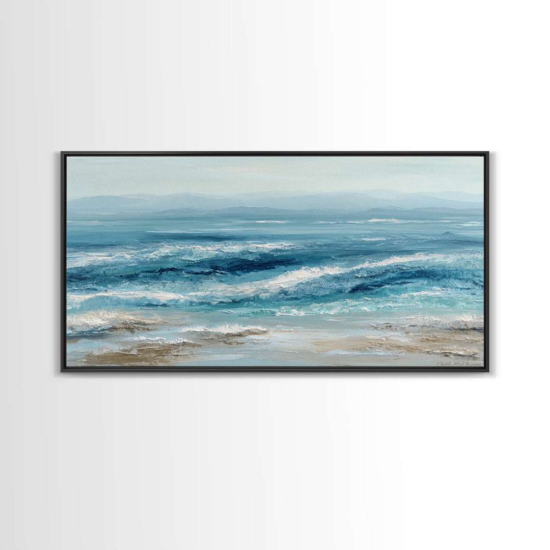 Serene Ocean Tide Seen from Above Framed Canvas Print, Above Bed Art, Wall Art Prints, Bedroom Decor, Fine Art, Serenity, ABA-2x1-65