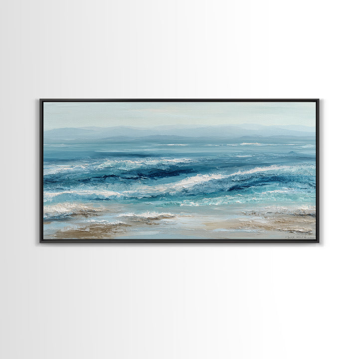 Serene Ocean Tide Seen from Above Framed Canvas Print, Above Bed Art, Wall Art Prints, Bedroom Decor, Fine Art, Serenity, ABA-2x1-65