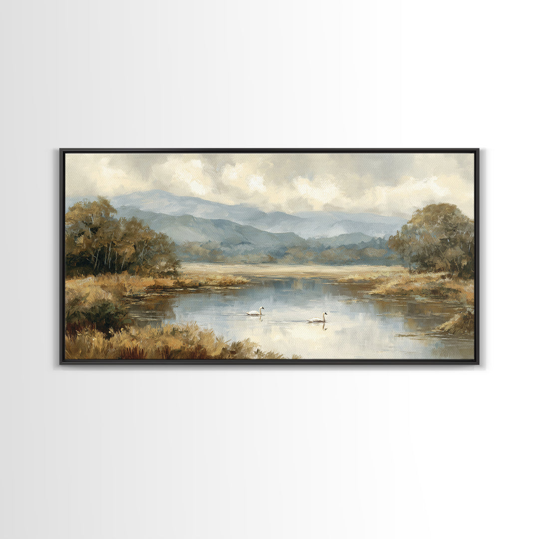 Paired Swans in a Dreamy Painterly Lake Canvas Print, Above Bed Art, Textured Painting, Bedroom Decor, Watercolor Art, Serenity, ABA-2x1-66