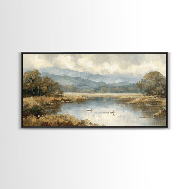 Paired Swans in a Dreamy Painterly Lake Canvas Print, Above Bed Art, Textured Painting, Bedroom Decor, Watercolor Art, Serenity, ABA-2x1-66
