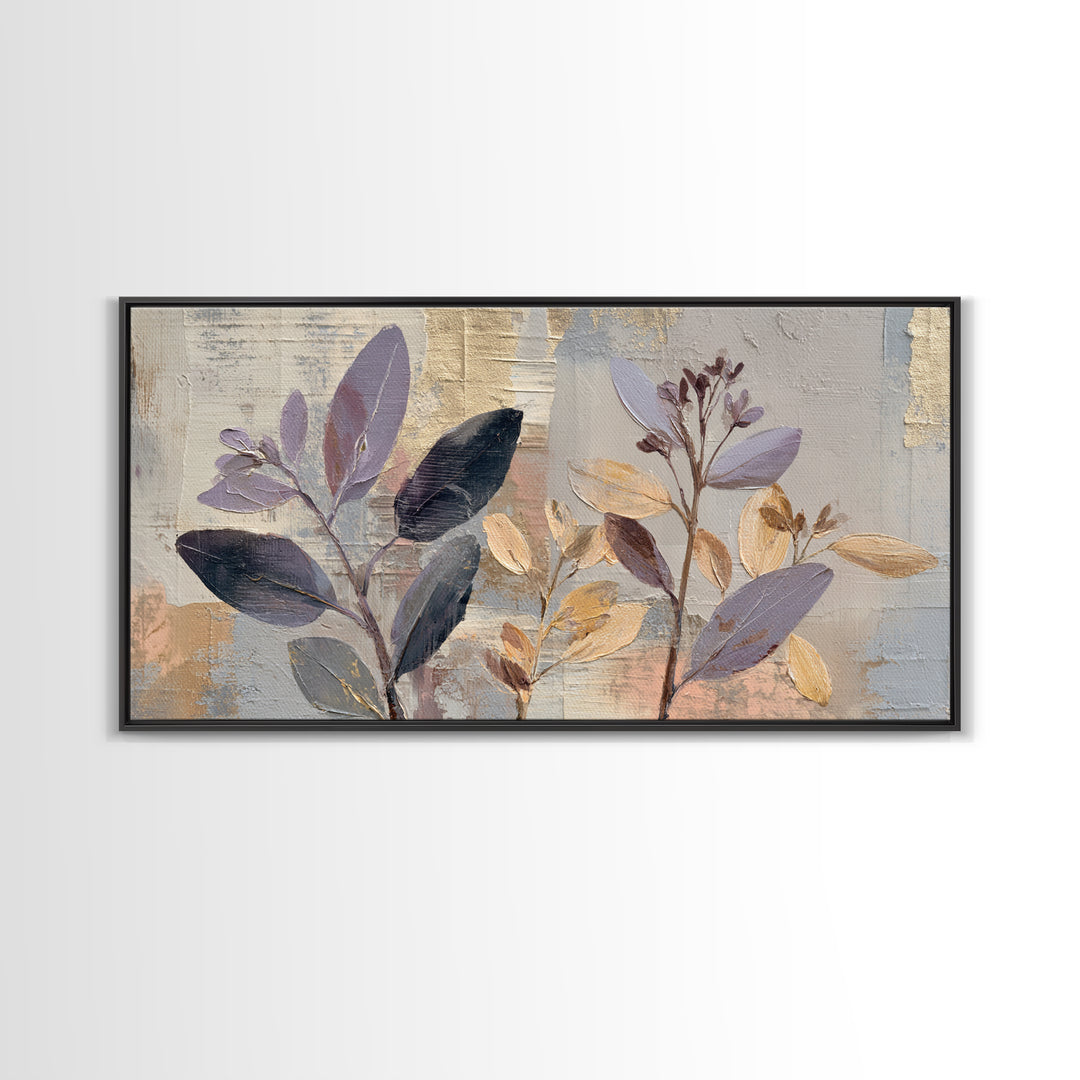 Tonal Botanical Shadows on Plaster Surface Framed Canvas Print, Above Bed Art, 3 Piece Wall Art, Bedroom Decor, Serenity, ABA-2x1-67