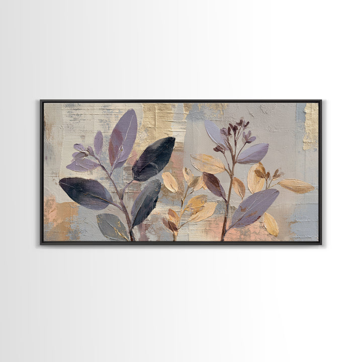 Tonal Botanical Shadows on Plaster Surface Framed Canvas Print, Above Bed Art, 3 Piece Wall Art, Bedroom Decor, Serenity, ABA-2x1-67